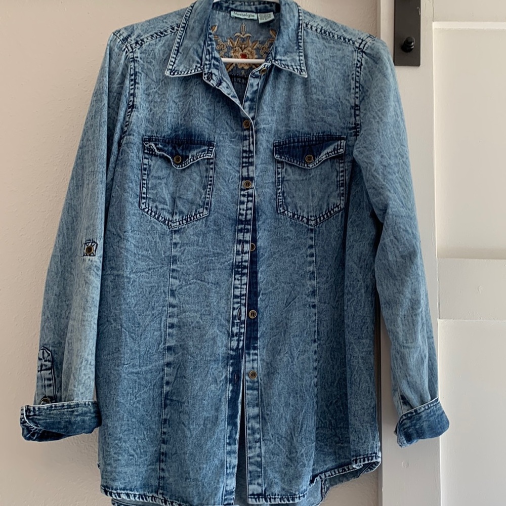 Nostalgia blue jeans blouse. Size M. Non smoking. Hand stitched back.